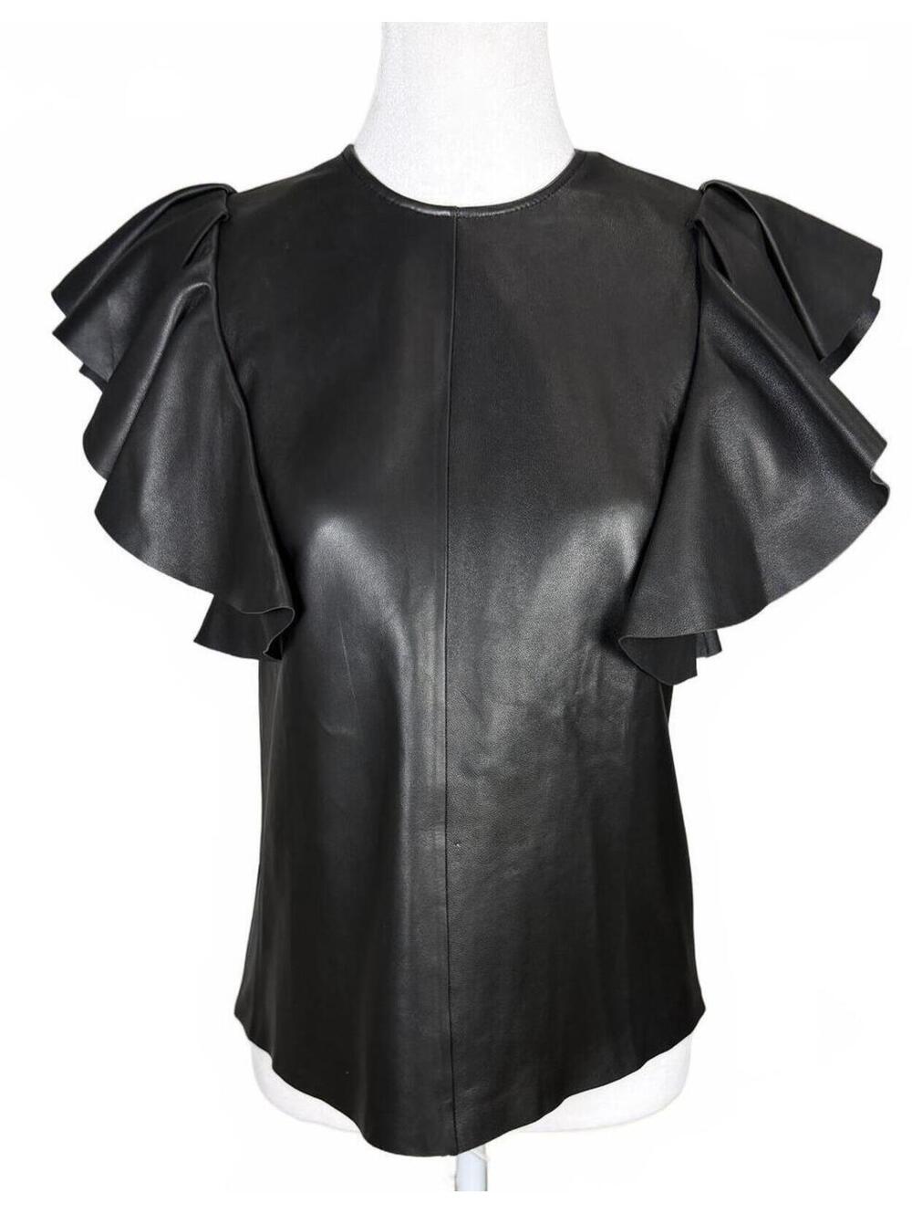 Alexander McQueen Black Lambskin Leather‎ Ruffle Sleeve Top Back Zip Blouse Sz 0